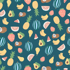 Vector seamless cute summer background. Pineapple, watermelon, coconut, avocado, pear and banana.