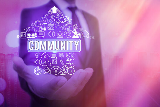 Word writing text Community. Business photo showcasing group of showing with a common characteristics living together Information digital technology network connection infographic elements icon