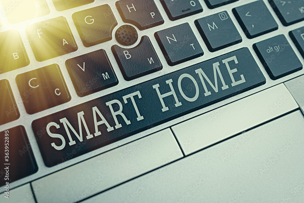 Poster writing note showing smart home. business concept for equipped home can be controlled remotely by ph