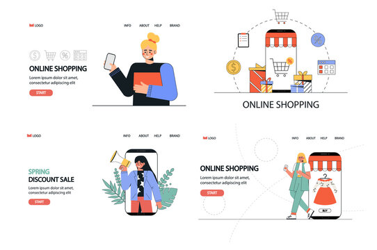 Concept online shopping, people buy from mobile app. Illustration for banner, landing page, mobile app, web design. Online shopping discount offers. Flat style vector.