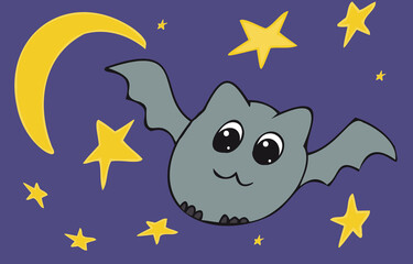 cute bat in the night starry sky, vector color illustration for Halloween in doodle style, color illustration