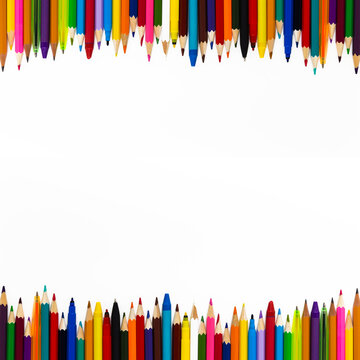 Color Pencils, Pens And Wax Crayons Border Isolated On White Background. Mockup. Square Layout