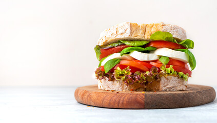 Big tasty sandwich of ciabatta with mozzarella cheese, tomatoes, basil and lettuce on the table. Sandwich with cheese and vegetables on a light background, copy space. Free space for text. 