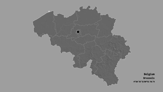 Oost-Vlaanderen, province of Belgium, with its capital, localized, outlined and zoomed with informative overlays on a bilevel map in the Stereographic projection. Animation 3D