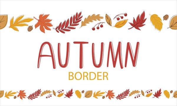 horizontal border of autumn red, yellow, orange leaves on a white background in doodle style, vector illustration