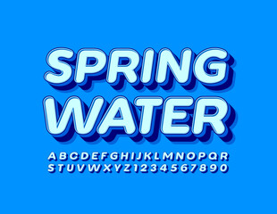 Vector fresh emblem Spring Water. Creative Blue Font. 3D Trendy Alphabet Letters and Numbers