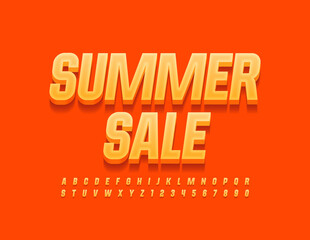 Fototapeta na wymiar Vector seasonal banner Summer Sale. Bright Orange Font. 3D Alphabet Letters and Numbers set