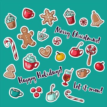 Vector collection of Christmas stickers in cartoon style. Part of big set. New Year elements for scrap-booking. Hand drawn cute vector illustration.