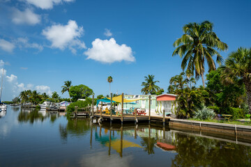 Photo of colorful waterfront homes in Matlacha Florida USA