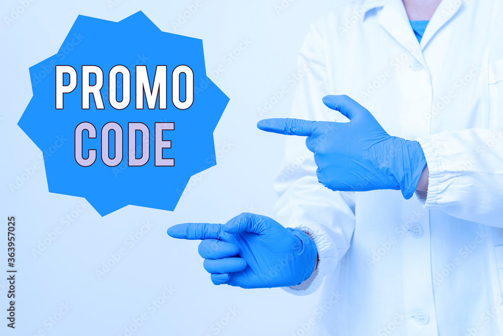 Aufkleber writing note showing promo code. business concept for letters or numbers that allows getting a disco