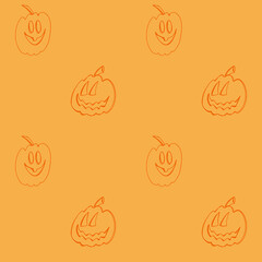 Cute kawaii square seamless halloween holiday pattern with pumpkin on a orange background. Digital doodle outline art. Print for fabric, packaging, advertising, banner, wrapping paper, stationery.