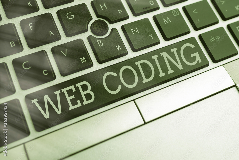 Fototapete Writing note showing Web Coding. Business concept for a system of symbols and rules used to represent instructions Pc keyboard key with empty note paper above background copy space