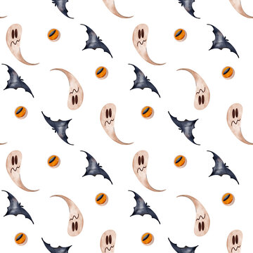 Cute kawaii square seamless halloween holiday pattern with ghost lantern on white background. Texture flat digital art. Print for fabric, packaging, advertising, banner, wrapping paper, stationery.