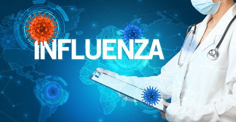 Doctor fills out medical record with INFLUENZA inscription, virology concept