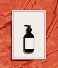 Minimal nature background for summer concept. Cosmetic bottle and white paper on coral velvet background. 3d render illustration. Object isolate clipping path included.