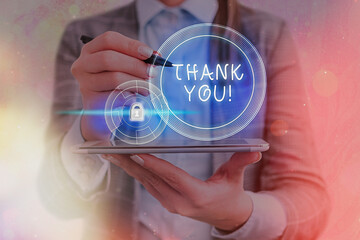 Text sign showing Thank You. Business photo showcasing polite expression to acknowledge a gift,...