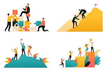 Flat 2D illustration on the topic of achieving success as a team, the path to success, teamwork. Concept for web design