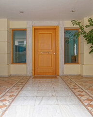 family house etrance natural wood door, Athens Greece
