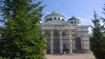 Restoration of ancient orthodox church, located in Pushkin, Russia. Building facade renovation....