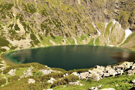 Czarny Staw mountain lake under Rysy in the Tatra Mountains