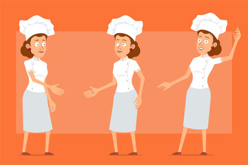 Cartoon flat funny chef cook woman character in white uniform and baker hat. Girl shaking hands and showing hello gesture. Ready for animation. Isolated on orange background. Vector set.