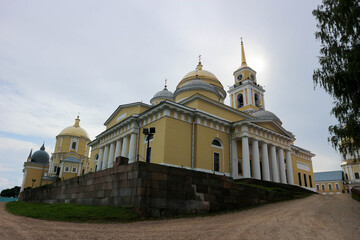 Fototapeta na wymiar View of famous russian orthodox Nilov monastery on Stolobny island in lake Seliger, Ostashkov, Russia