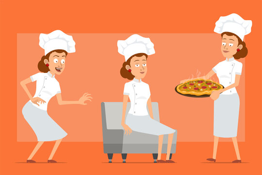Cartoon flat chef cook woman character in white uniform and baker hat. Girl resting, carrying italian pizza with salami and mushrooms. Ready for animation. Isolated on orange background. Vector set.