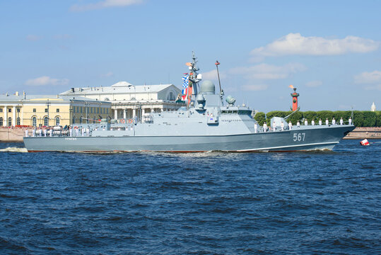 SAINT-PETERSBURG, RUSSIA - JULY 29, 2018: The small rocket ship "Uragan" 