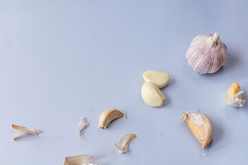 garlic lies on a gray background. Photographed at close range. . High quality photo