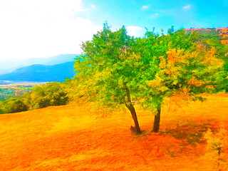 Fototapeta premium Trees on a bright yellow hill with a blue sky and thunder in the background stylized as a watercolor with the texture of a real canvas