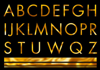 Gold metallic font alphabet with rustic texture. Letters word text on black background. Golden luxury alphabet decoration text
