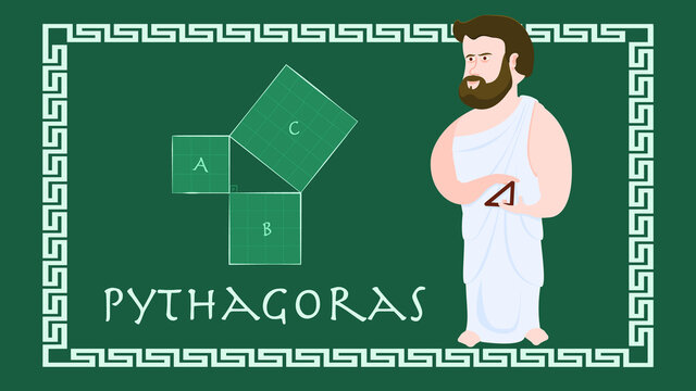 Cartoon character of greek mathematician and philosopher Phytagoras. Philosophy, math, geometry and history. Education and learning.