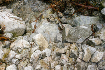 Mountain stream in Tatra Mountains. Stone and gravel in river. Water scenery.