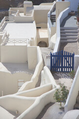 Oia village, Greece, blue fence, white houses