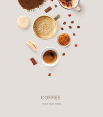 Creative layout made of cups of black coffee, cappuccino, expresso on beige background.Flat lay. Food concept.