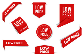 Low price tags, vector red labels isolated on white background. Flat modern banners for advertising. Stock illustration