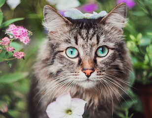 Portrait of a striped cat's head in flowers. Walking Pets in nature in the Park