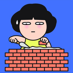 Depressed And Lonely Girl Building Her Own Brick Border Walls Concept Card Character illustration
