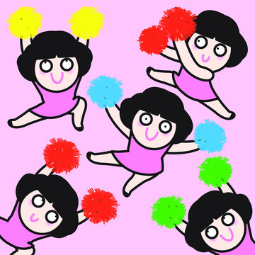 Happy Cheerleader Girl Holding A Pompom Concept Card Character illustration