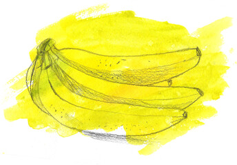 a bunch of bananas on a yellow background, hand-drawn watercolor illustration with black pencil and paper texture