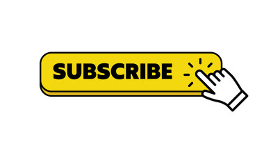 Subscribe button with hand click icon. Finger pointer clicking web site call to action. Clic vector.