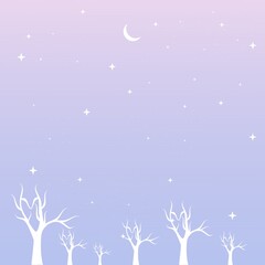 Fototapeta na wymiar Blue and purple landscape with silhouettes of dry trees, tree branches, moon and stars in the sky. Background vector illustration for nature theme and wallpaper.