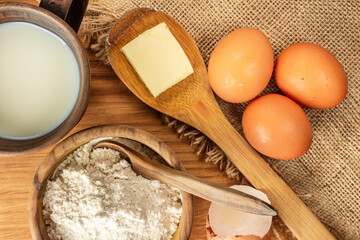 Bread, cooking basics. The view from the top. Rustic style.