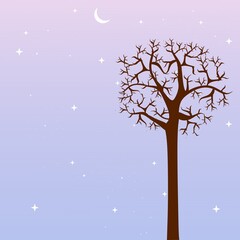 Blue and purple landscape with silhouettes of dry trees, tree branches, moon and stars in the sky. Background vector illustration for greeting card, poster, nature theme and wallpaper.