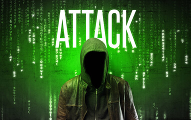 Faceless hacker with ATTACK inscription, hacking concept