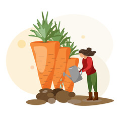 Young Woman Working in Garden or Farm. Gardening Girl is watering a large crop of vegetables. Vector agriculture and nature concept. Organic gardening illustration in flat stile.