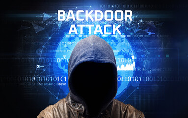 Faceless hacker at work with BACKDOOR ATTACK inscription, Computer security concept