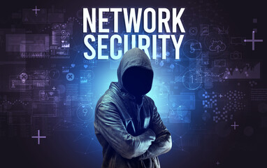 Faceless man with NETWORK SECURITY inscription, online security concept