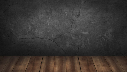 dark grey stone wall surface with cement background texture of brown wooden loft floor surface table the room is empty