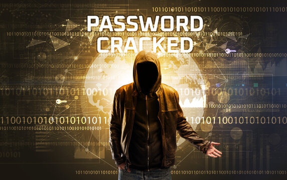 Faceless hacker at work with PASSWORD CRACKED inscription, Computer security concept